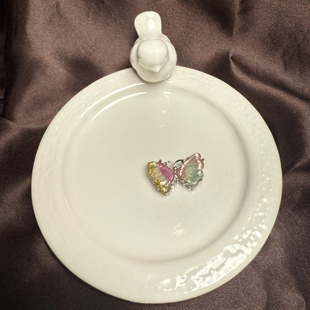 H73碧玺粉黄蓝粉双色蝴蝶刻面天然银配饰宝石配件万能穿搭证书