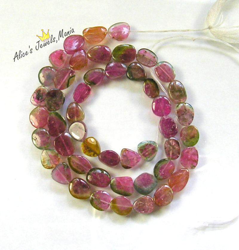 碧玺 西瓜 双色裸石 DIY 散珠 光滑 扁 一串 天然 半条 现货D21