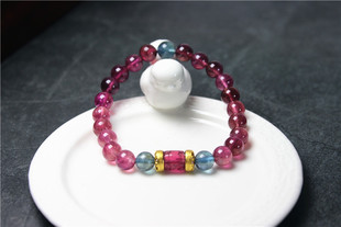 Q15粉蓝碧玺手链手串甜美粉红帕拉伊巴蓝14K黄金圆珠7mm精品礼物