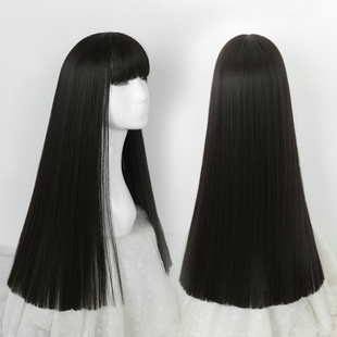 新款一刀平假发女中长直发气质修脸斜齐刘海逼真黑色长发套cos