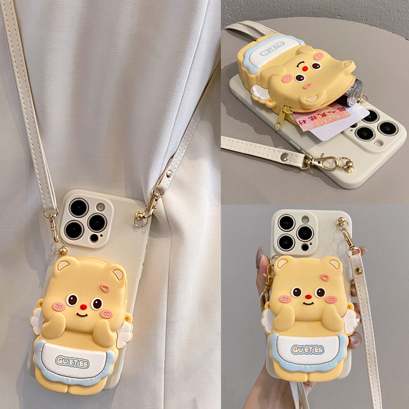 黄油小熊零钱包适用opporeno151413手机壳reno1211pro保护套reno1098765可爱A6斜挎findx9x8背带A97挂脖A58A3
