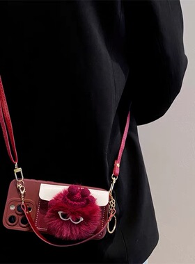 酒红煤球毛绒公仔卡包适用opporeno13手机壳reno1211/10pro保护套reno9斜跨reno8背带findx8挂绳A97A58A2女A3