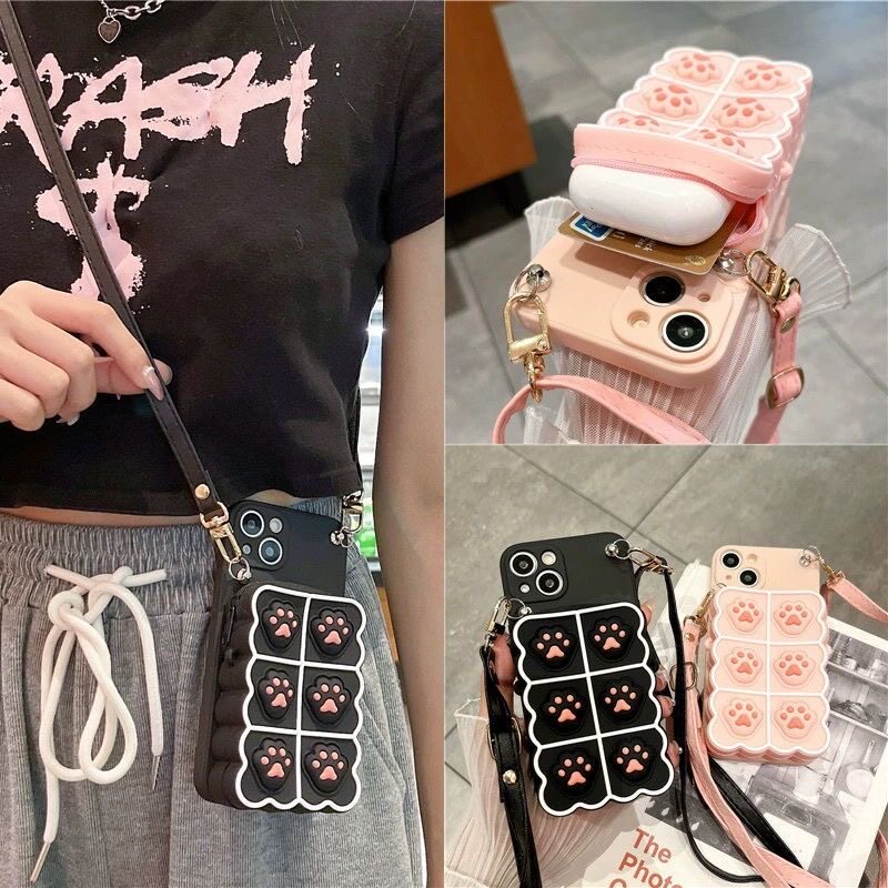 解压猫爪零钱包适用iPhone17promax手机壳苹果16pro保护套14插卡12斜挎13pro背带11挂脖xs/xr可爱15pro硅胶套