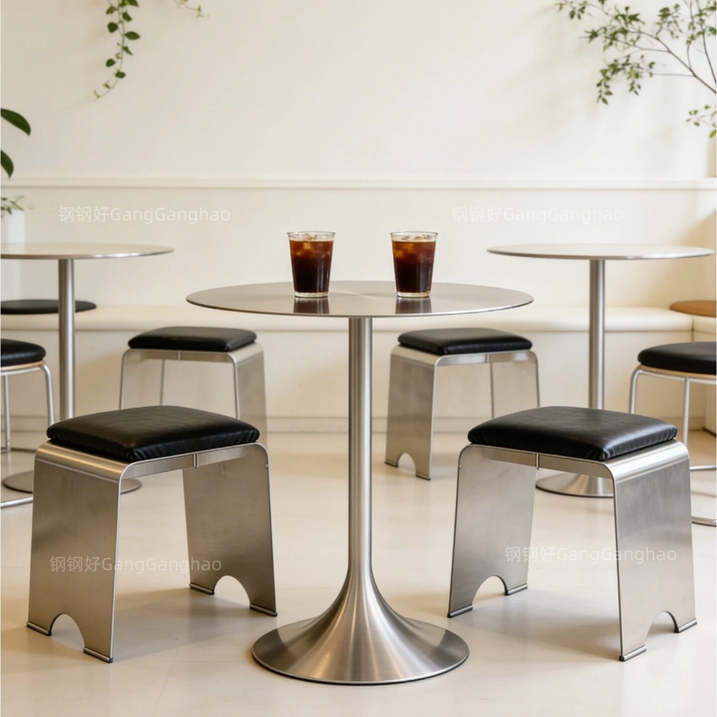 工业风不锈钢艺术餐桌椅子吧台椅皮质软包可定制奶茶咖啡桌椅组合