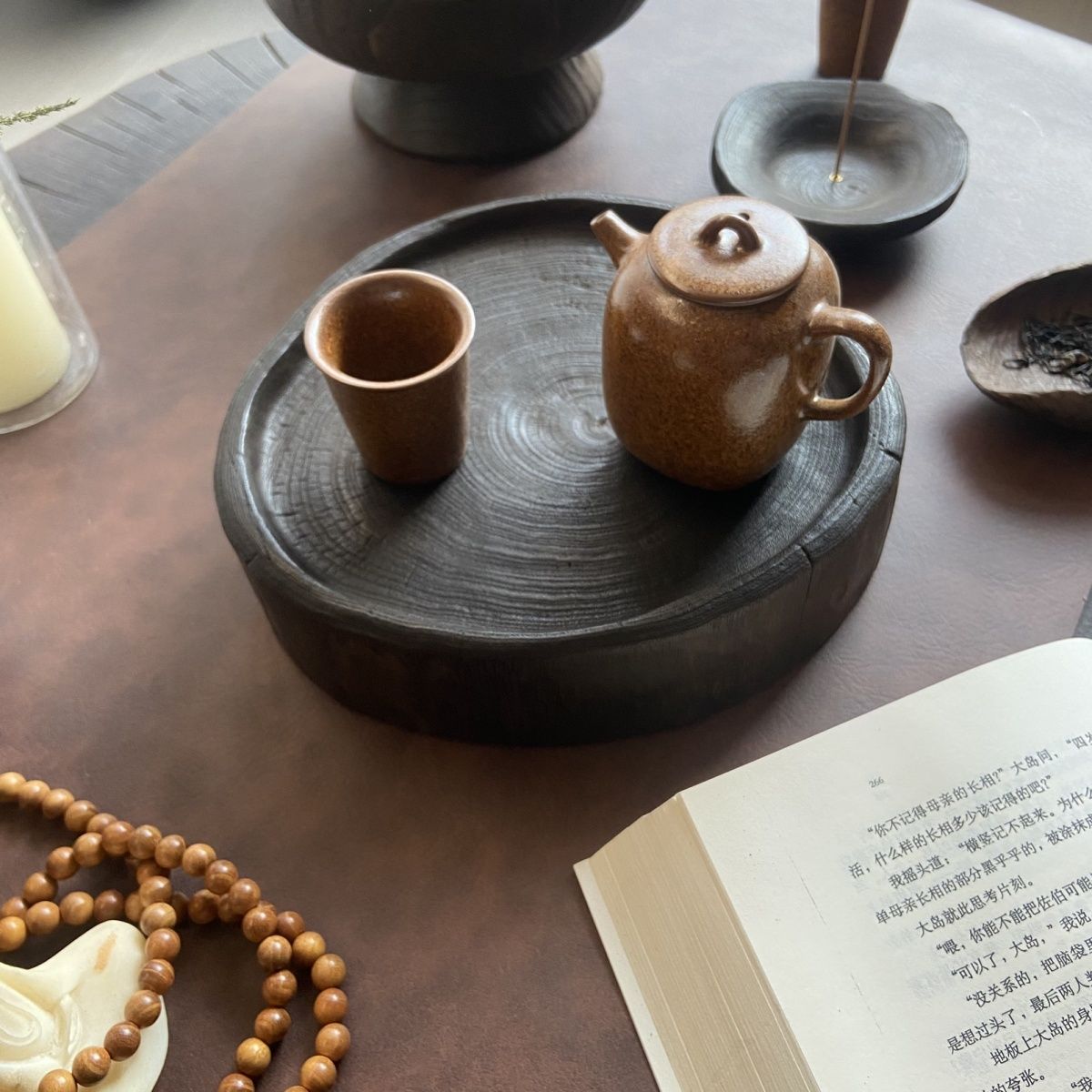 侘寂风天然香樟木碳化茶盘