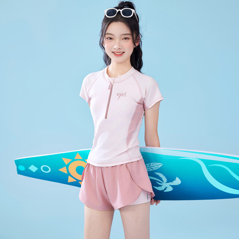 2026新款大童儿童泳衣女孩初中生少女分体保守带胸垫运动款分体儿