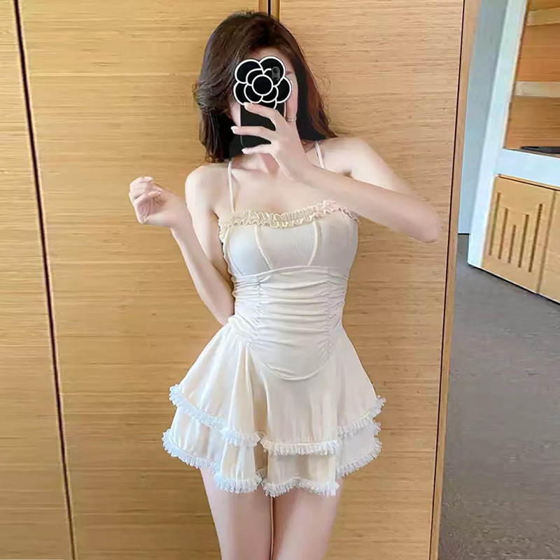 泳衣女款连体吊带纯色纯欲风裙式保守显瘦修身小清新温泉泳衣