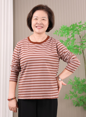 中老年妈妈春秋装t恤条纹打底衫