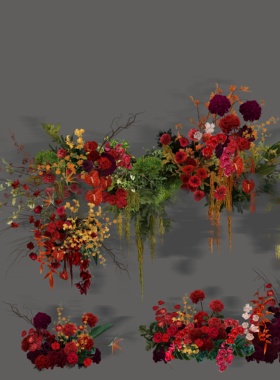 C109 新中式红色绣球婚礼花艺素材psd源文件红橙绿色婚礼效果图