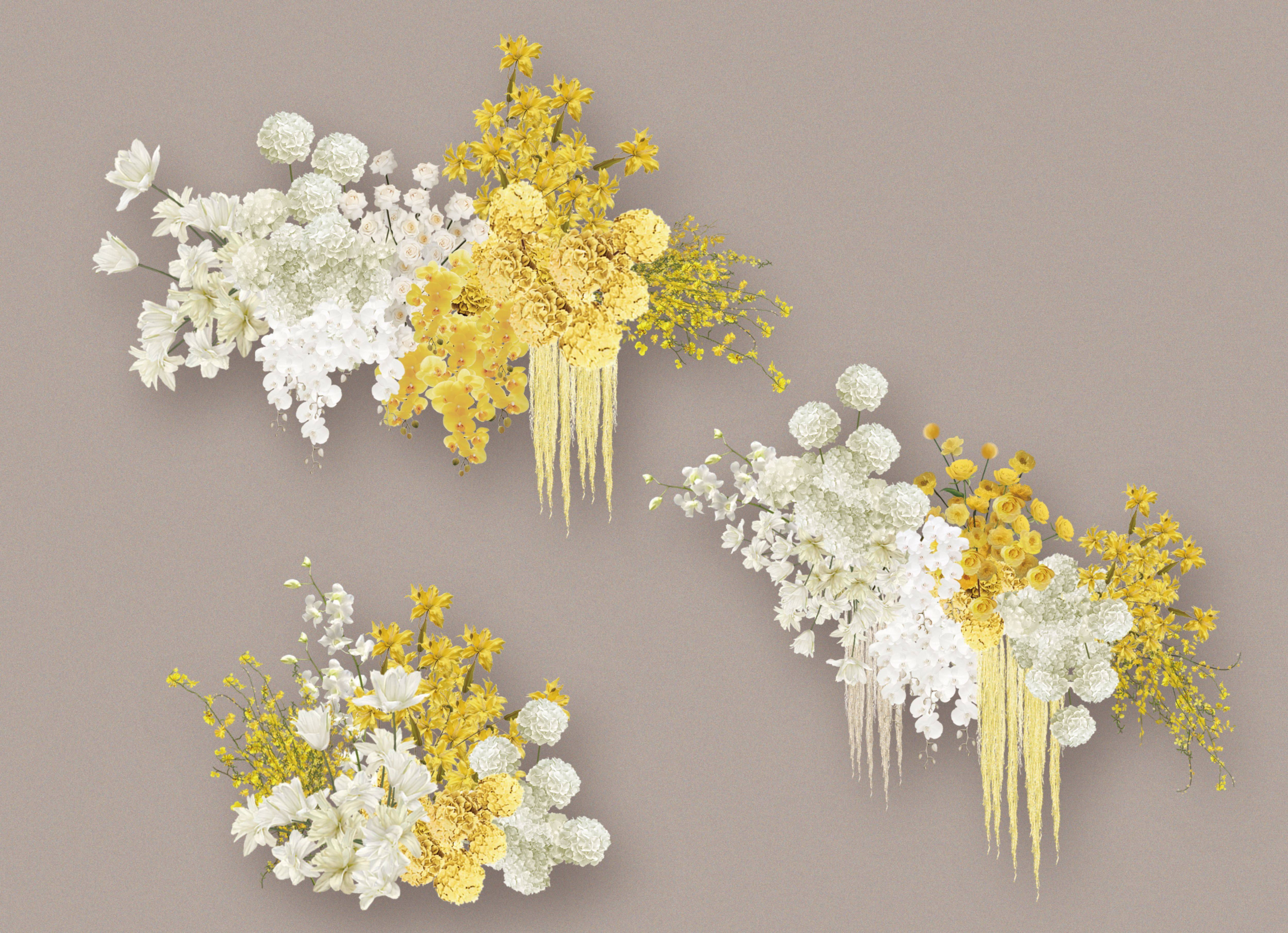 H129 黄白色婚礼手绘蝴蝶兰绣球群组花艺素材psd源文件