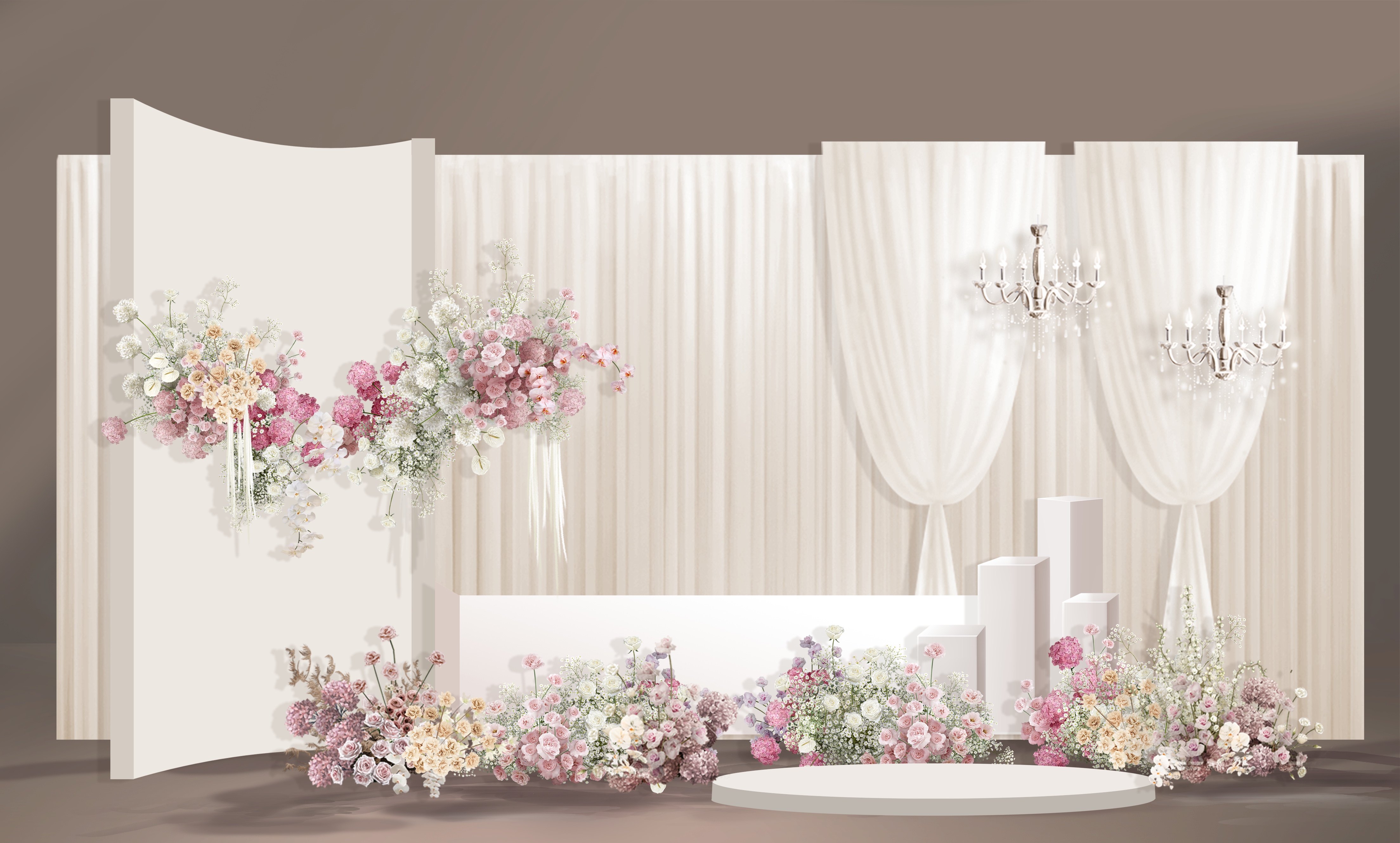 X336 香槟色布幔韩式婚礼效果图白粉花艺素材舞台合影区psd源文件