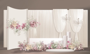 X336 香槟色布幔韩式婚礼效果图白粉花艺素材舞台合影区psd源文件