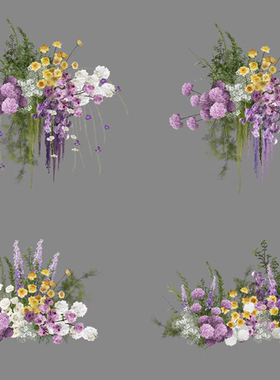 H062 婚礼手绘花艺紫色黄白色psd效果图设计素材舞台道具路引