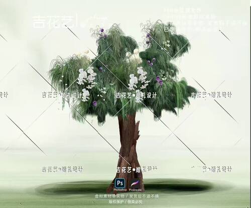 H013大树婚礼花艺素材psd户外小众婚礼效果图树皮森系白绿色紫色