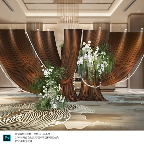 H857自然野生感韩式白绿色花艺素材咖色布幔婚礼效果图交错布幔