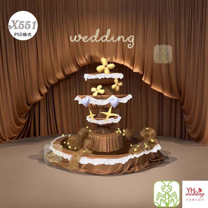 X551咖色美拉德色系喷泉手工装饰许愿池婚礼设计效果图素材