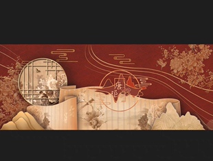 S020 红金色国风中式婚礼效果图背设计PSD源文件中式国画婚礼素材