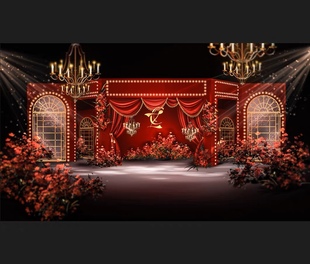 X141 红色欧式复古婚礼效果图psd源文件歌剧院百老汇婚礼红金婚礼