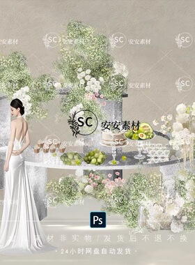 SC1429银色桌布甜品桌签到展示桌白色绿植花艺素材婚礼效果图ps