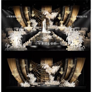 X278 黑金色婚礼效果图老钱风婚礼金色羽毛水晶婚礼效果图psd文件