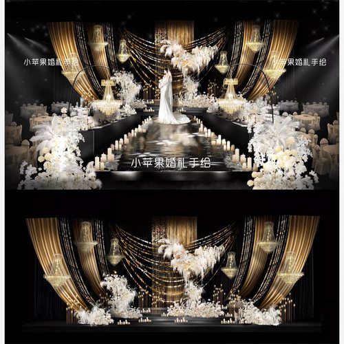 X278 黑金色婚礼效果图老钱风婚礼金色羽毛水晶婚礼效果图psd文件