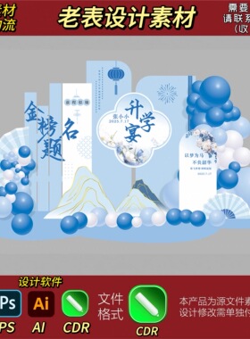 蓝色升学宴美陈装饰场景金榜题名高考毕业氛围布置kt板cdr素材