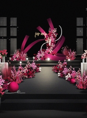 X062高级秀场风玫红婚礼弧形背景小众婚礼韩式自然花艺psd源文件