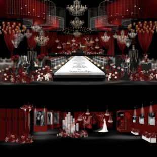 X020 小众暗场红色剧院风婚礼效果图psd源文件红色布幔婚礼效果图