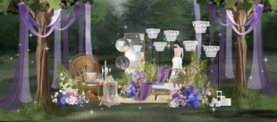 X337 紫色户外婚礼效果图psd源文件户外小景原木长椅婚礼合影区