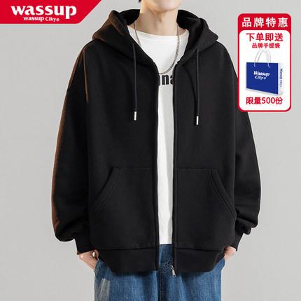 WASSUP开衫卫衣外套男春秋季潮牌青少年男生连帽美式重磅夹克上衣