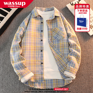 WASSUP长袖衬衫男女春秋季港风潮流美式复古宽松休闲格子衬衣外套
