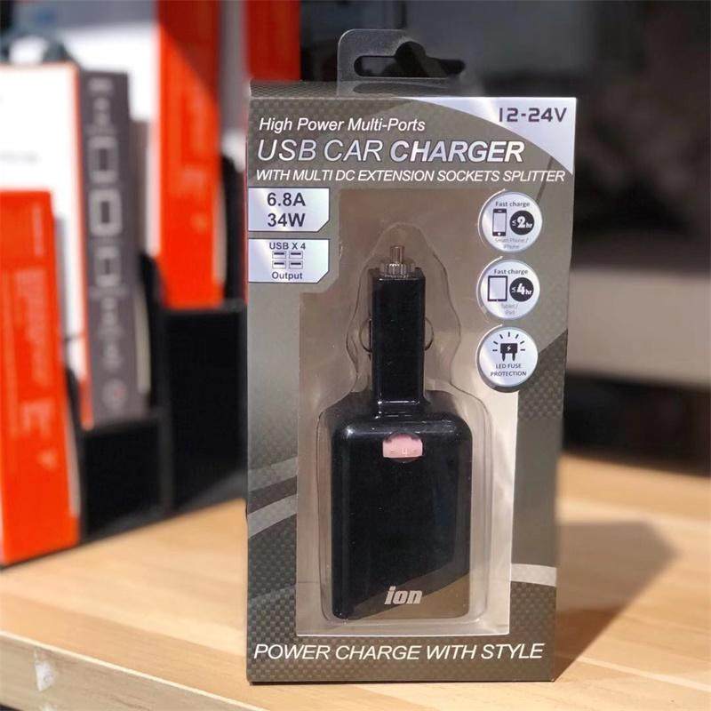 34W 6.8A大功率4口车载充电器 4个USB 汽车车充一拖四12V-24V通用