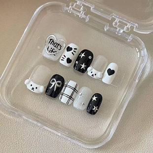 卡通少女手绘显白学生可爱美甲贴片蝴蝶结可拆卸 手工穿戴甲短款