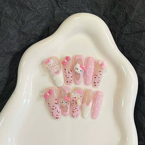半手工穿戴甲卡通可爱甜酷辣妹豹纹鸳鸯kitty美甲手工穿戴可拆卸