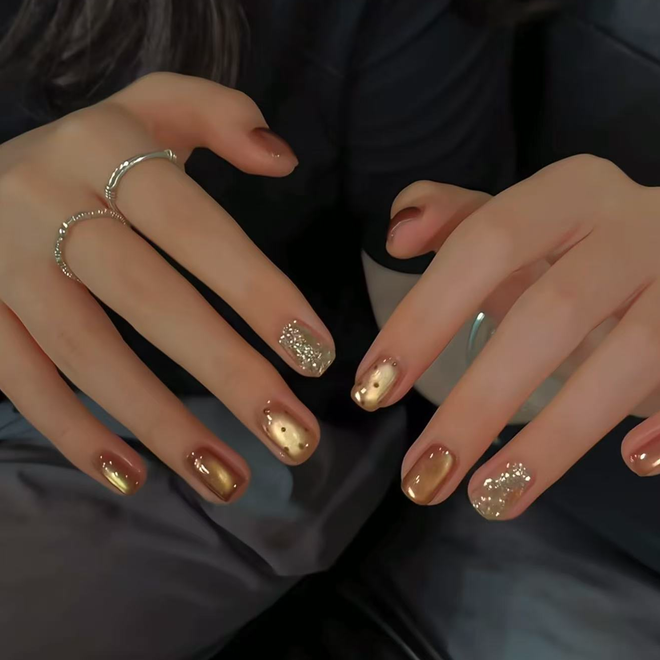 简约高级感摩卡爆闪新款秋冬短款猫眼显白手工美甲穿戴甲仙气棕色