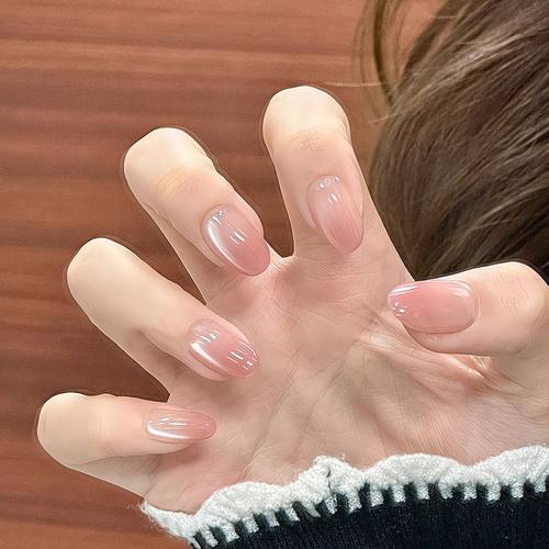 温柔裸粉人间水蜜桃渐变玻璃珠猫眼ins显白拆卸半手工穿戴短椭圆