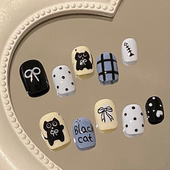 轻奢爆款 夏天显白黑猫穿戴甲可爱风美甲卡通学生蝴蝶结波点气质