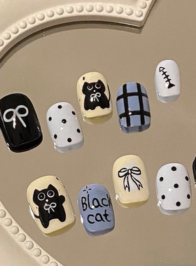 轻奢爆款夏天显白黑猫穿戴甲可爱风美甲卡通学生蝴蝶结波点气质