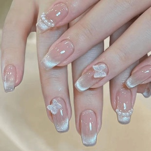 晶石猫眼美甲立体蝴蝶纯欲短款法式庄周梦蝶穿戴甲显白少女学生党