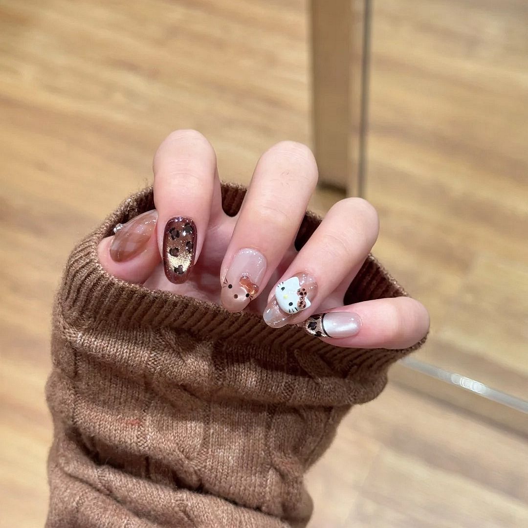 秋冬棕色Kitty豹纹美拉德色系爆闪猫眼格纹半手工可拆卸穿戴短款