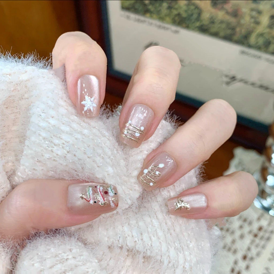 圣诞节美甲雪花美甲 圣诞金树短款美甲贴假指甲圣诞树穿戴甲