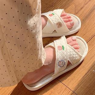 四季 通用室内防滑舒适地板鞋 女日系可爱小花夹叉亚麻拖鞋