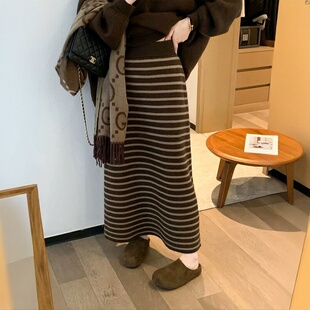 复古条纹针织直筒半身裙女高腰显瘦A字长裙气质一步裙包裙
