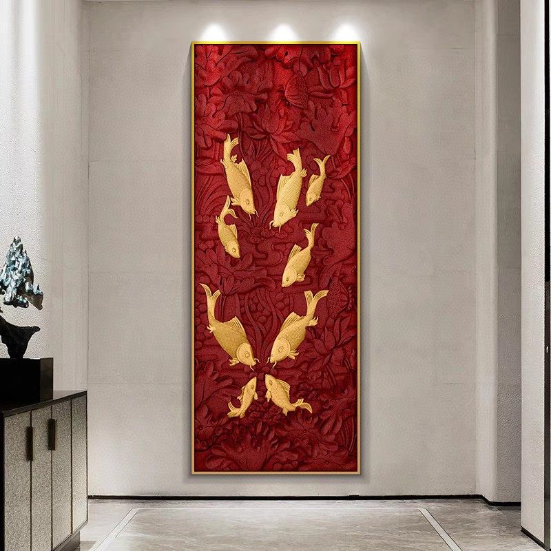 九鱼生财办公室书房挂画新中式3d立体木雕装饰画竖版走廊过道壁画