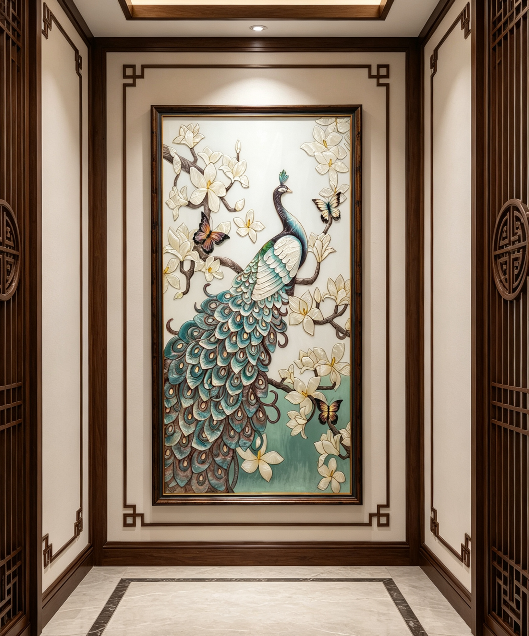 新中式纯手工珐琅彩画《吉祥孔雀》新古典客厅玄关高级感装饰画