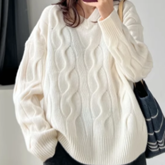 25秋冬新款 80%羊毛+20%羊绒3色宽松版绞花编结V领针织衫