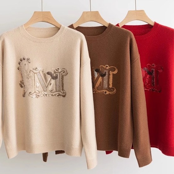 马年限定珠片刺绣款 大红喜庆宽松毛衣女秋冬羊绒衫过年红