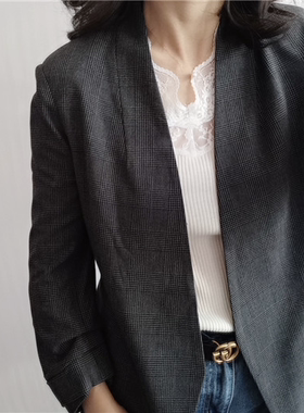 babaton 24新款格纹纯色女款休闲七分袖长款西装