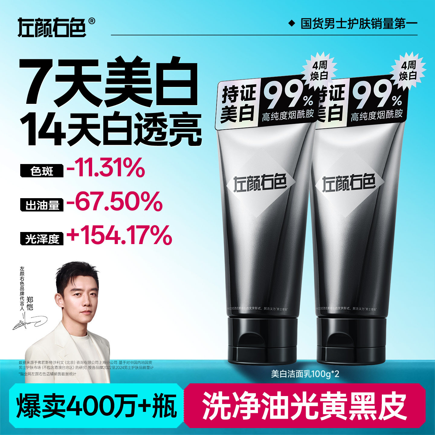 郑恺代言左颜右色美白洗面奶男士专用控油祛斑淡痘印氨基酸洁面乳