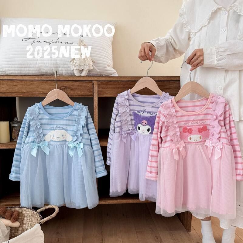女童新款【立体公仔】条纹加厚连衣裙网纱裙公主裙卡通保暖25日系